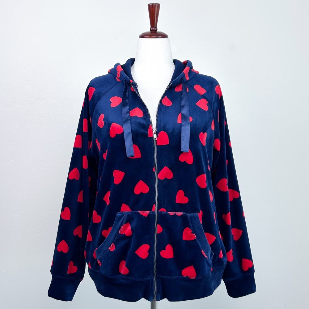 Torrid Sleep Soft Velour Navy Blue Heart Loungewear Hoodie Zip-Up Jacket 2X